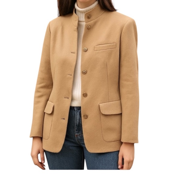 Talbots pure camel hair tan button down blazer with mandarin collar Size 14 - Picture 1 of 16